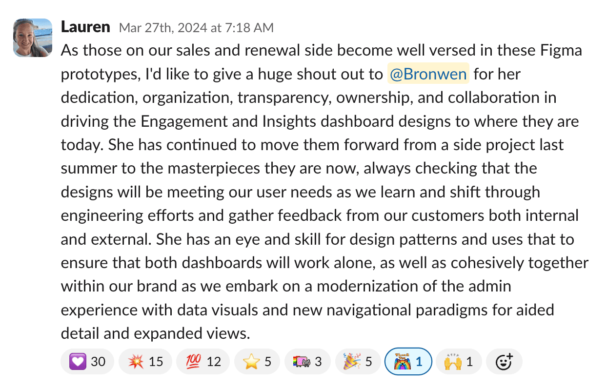 Shoutout from colleague Lauren praising the dashboard work